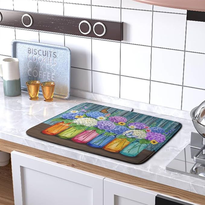 Hydrangea Dish Drying Mat Spring Summer Floral Jars Kitchen Drying Mats - Image 5