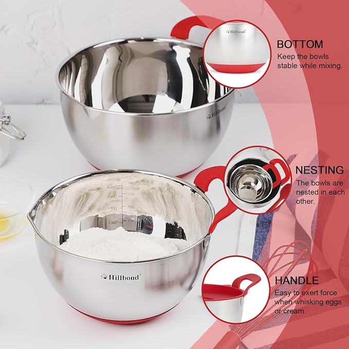 Hillbond Mixing Bowls with BPA Free Airtight Lids Nesting Bowls with Pour Spout - Image 2
