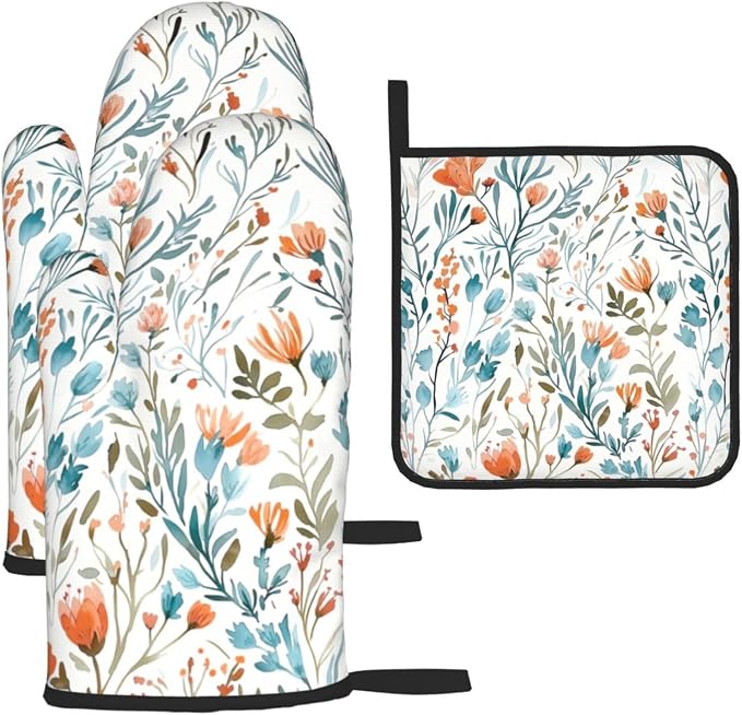 Teal Orange Watercolor Floral Oven Mitts and Pot Holders Sets of 3, Heat by Unknown