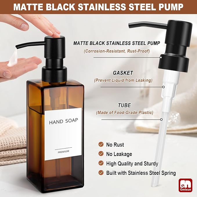 GMISUN Amber Glass Soap Dispenser, 2 Pack Hand Soap Dispenser Bathroom - Image 3
