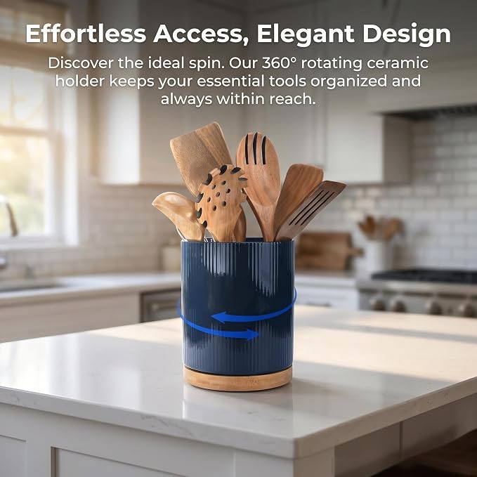 QUELIEN Utensil Holder, 360° Rotating Ceramic Kitchen Utensil Holder - Image 6
