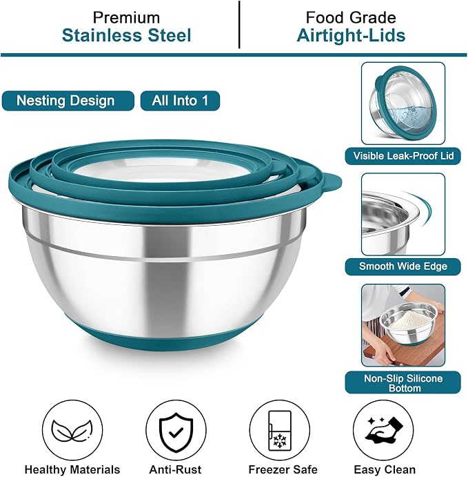 TeamFar Mixing Bowls with Colander Set, Stainless Steel Strainer and Nesting - Image 3