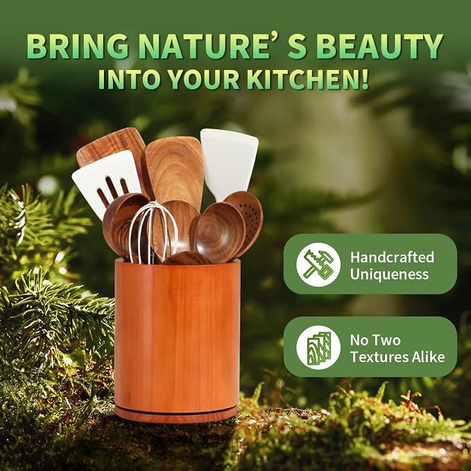 Wooden Utensil Holder, 360°Rotating 7.3'' Large Utensil Holder - Image 7