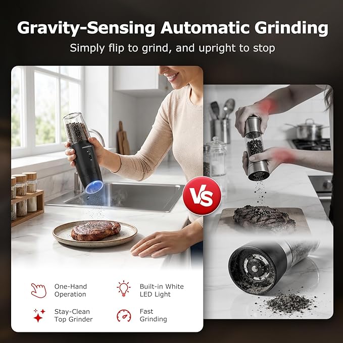 Bonsenkitchen Gravity Electric Salt and Pepper Grinder Set, Type-C Rechargeable - Image 2