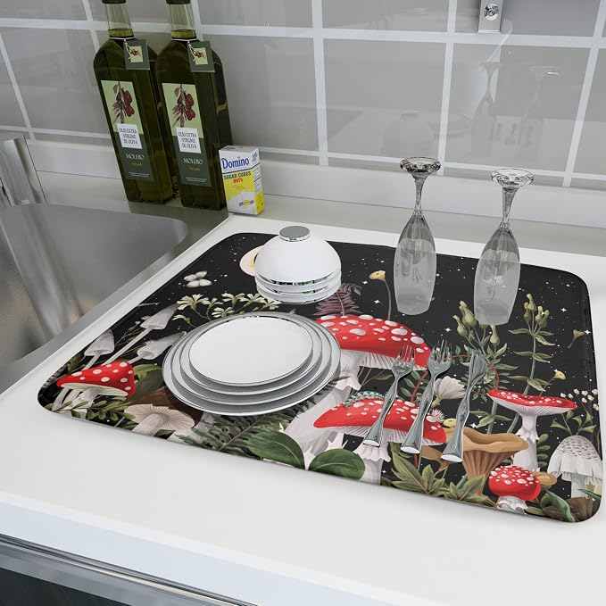 Red Mushroom Dish Drying Mat for Kitchen Counter Plant Leaves Drainer Mats Rack - Image 6