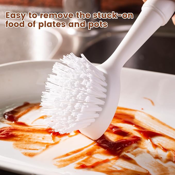 Dish Brush with Handle, 2 Pack Dish Scrub Brush with Built-in Scraper and 2 - Image 3
