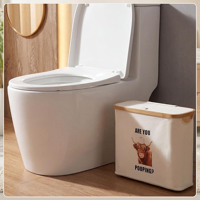 Toilet Paper Basket with Lid & Bamboo Handle, Highland Cow are You Pooping - Image 5