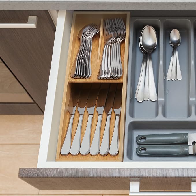 guiogc Bamboo Silverware Drawer Organizer, Kitchen Cutlery Tray, Utensil Holder - Image 6