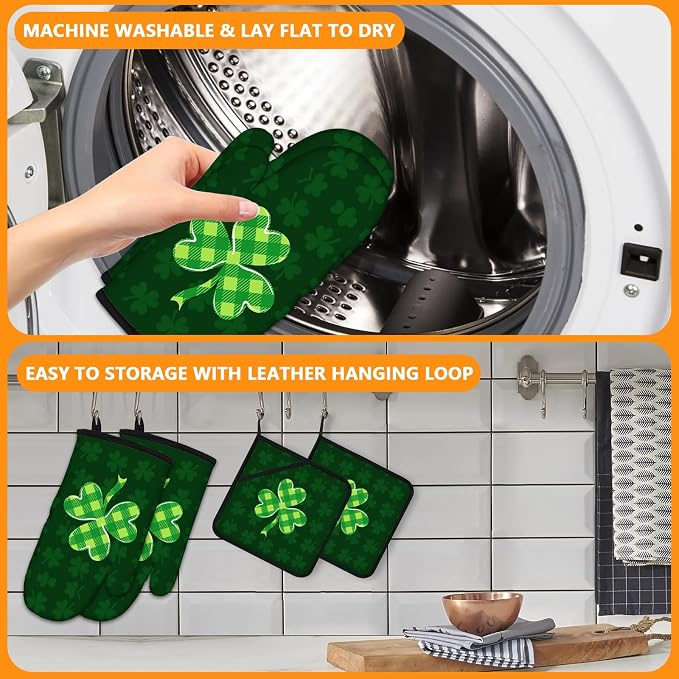 Green Clover Oven Mitts and Pot Holders Sets 4Pcs, Extra Long Oven Gloves - Image 5