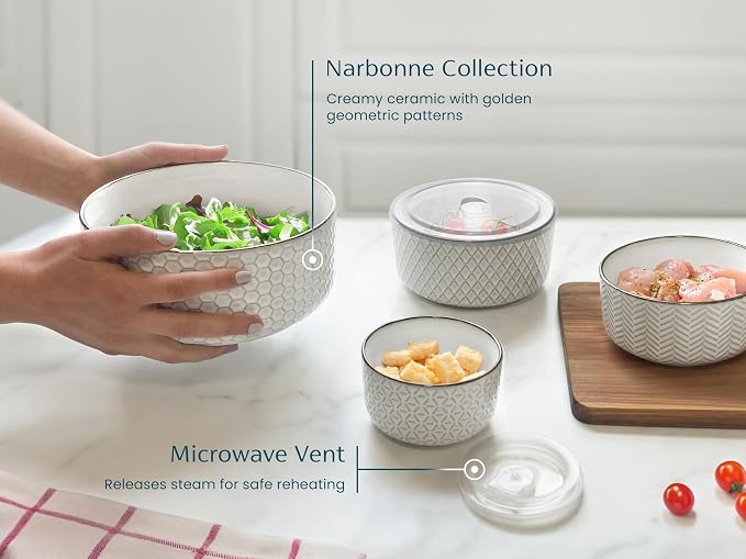 KooK Serving Bowls, with Lids, Ceramic Nesting Bowls, Microwave and Dishwasher - Image 3