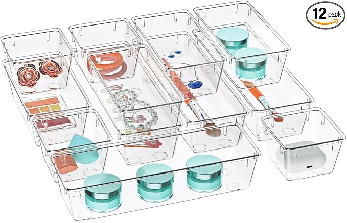 WOWBOX 12 Pack Clear Drawer Organizer Set, Acrylic Drawer Storage Trays by WOWBOX