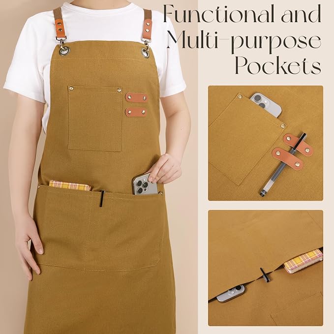 Chef Aprons for Men Women with Large Pockets, Cotton Canvas Water Repellent - Image 3