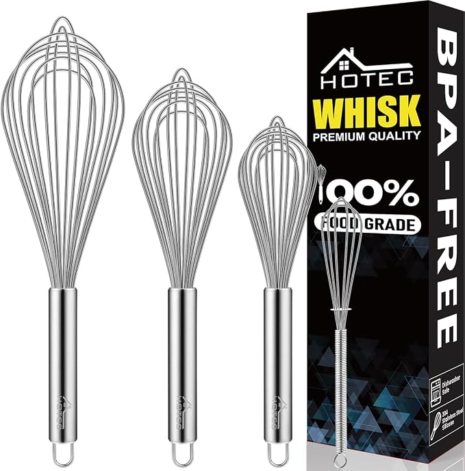 HOTEC 4 Pieces Stainless Steel Whisks Set Wire Whisk Balloon Whisk Egg Beater by Hotec