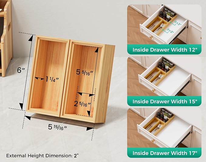 Small Bamboo Kitchen Drawer Organizer Boxes – 6" x 3" Stackable Wood Silverware - Image 2