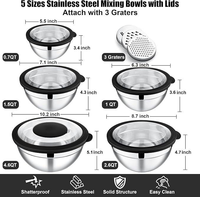 E-far Mixing Bowls Set of 5, Stainless Steel Salad Mixing Bowl - Image 5