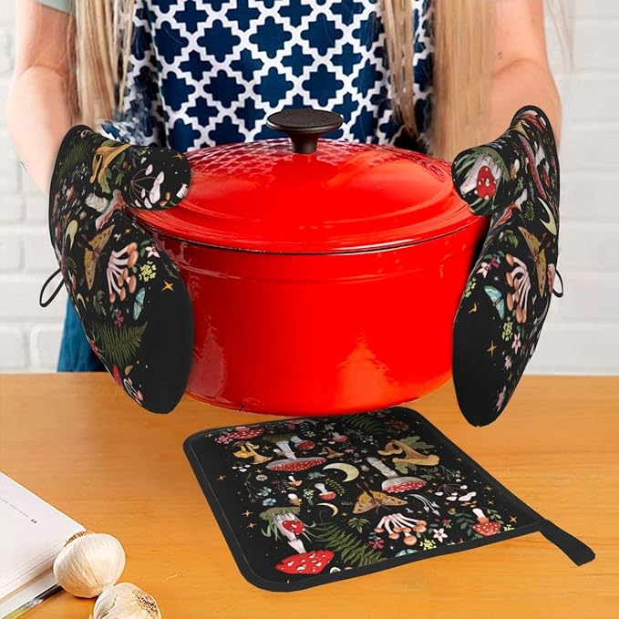 Mushroom Oven Mitts and Pot Holders Sets, Heat Resistant Black Hot Pads Witchy - Image 7