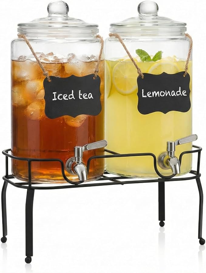 1 Gallon Glass Drink Dispenser Set of 2, Drink Dispensers by Edycur