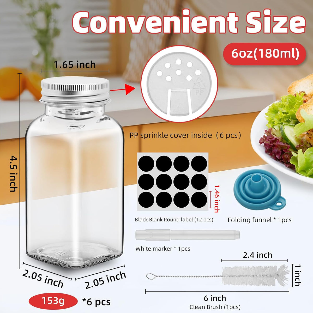 6Pcs 6oz Glass Spice Jars silver iron Lids with Shaker Lids, Spice
