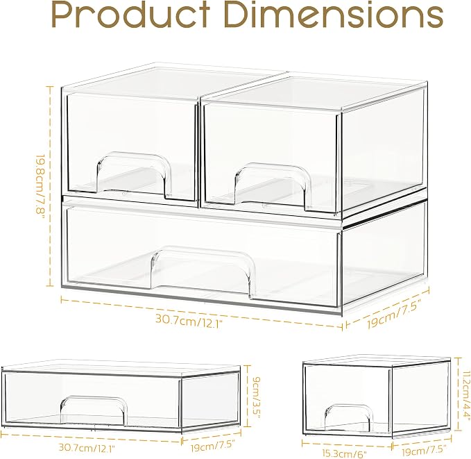 Criusia Stackable Storage Drawers, 3 Pack Clear Acrylic Makeup & Bathroom - Image 2