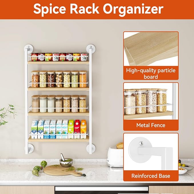 IBUYKE Spice Rack Wall Mount, 4 Tier Hanging Seasoning Organizer, Spice Rack - Image 7