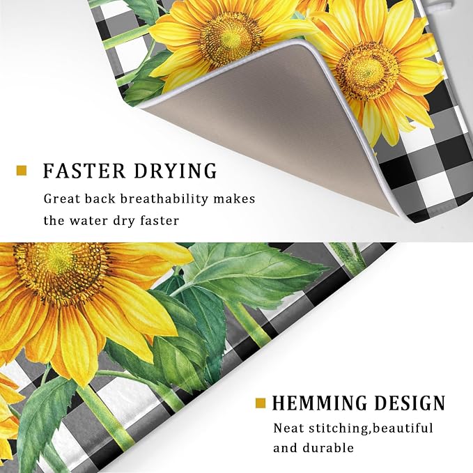 Sunflower Dish Drying Mat for Kitchen Counter Watercolor Black White Plaid - Image 3