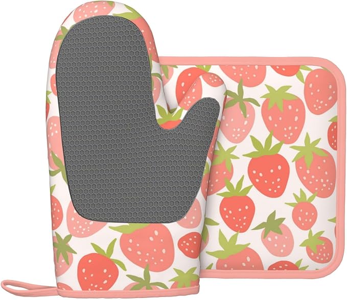 Strawberry Silicone Oven Mitts Pan Mats Set of 2, Heat Resistant Gloves - Image 2