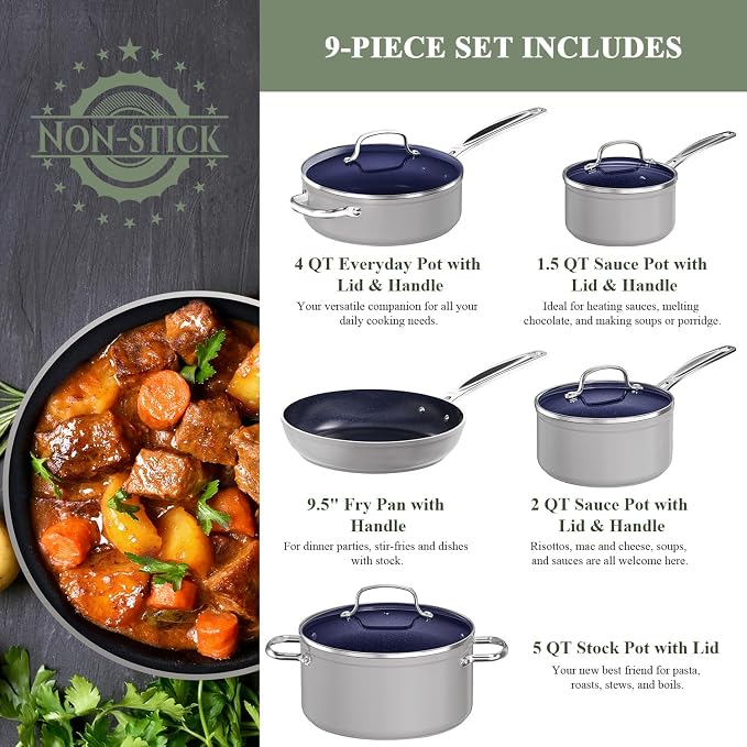 Nuwave 9pc Cookware Set Healthy Duralon Blue Ceramic Nonstick Coated, Diamond - Image 2