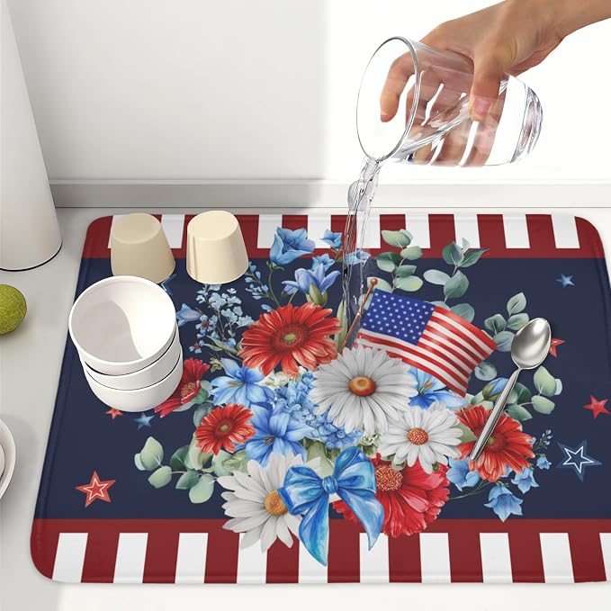 4th of July Dish Drying Mat for Kitchen Counter Patriotic Red Blue and White - Image 6
