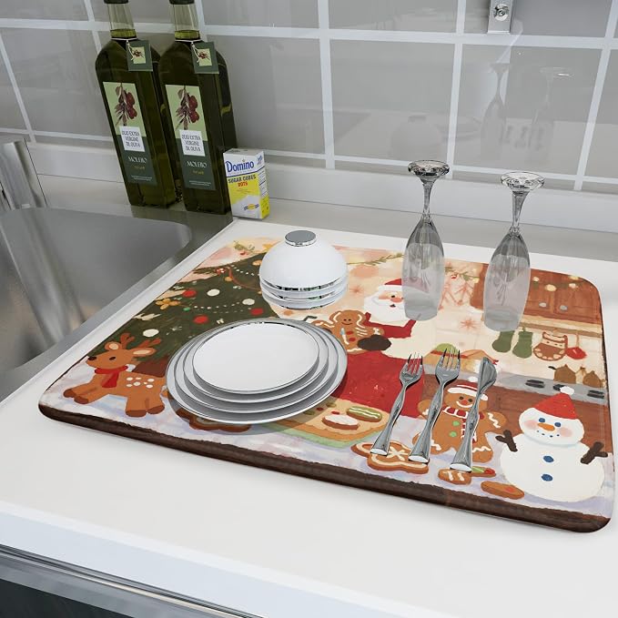 Christmas Dish Drying Mat for Kitchen Counter 18x24 Santa Claus Gingerbread - Image 6