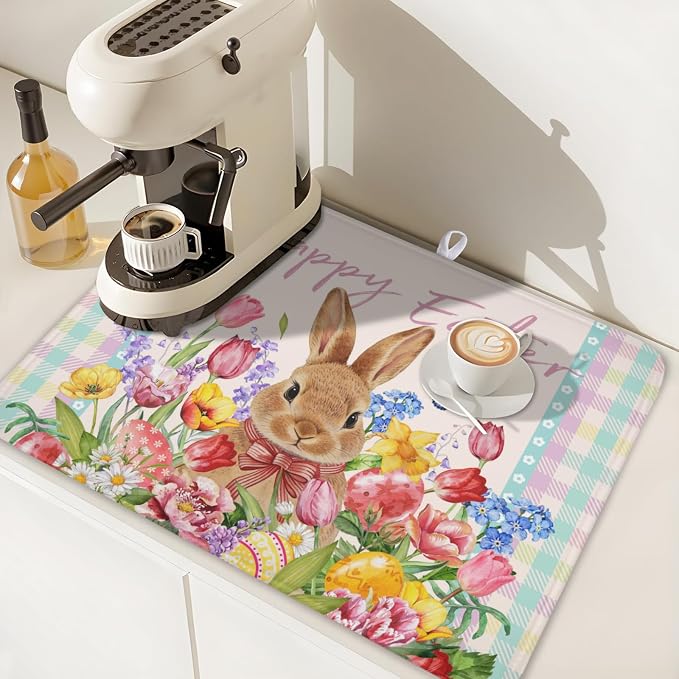 Easter Bunny Dish Drying Mat for Kitchen Counter Happy Easter Rabbit Floral - Image 7