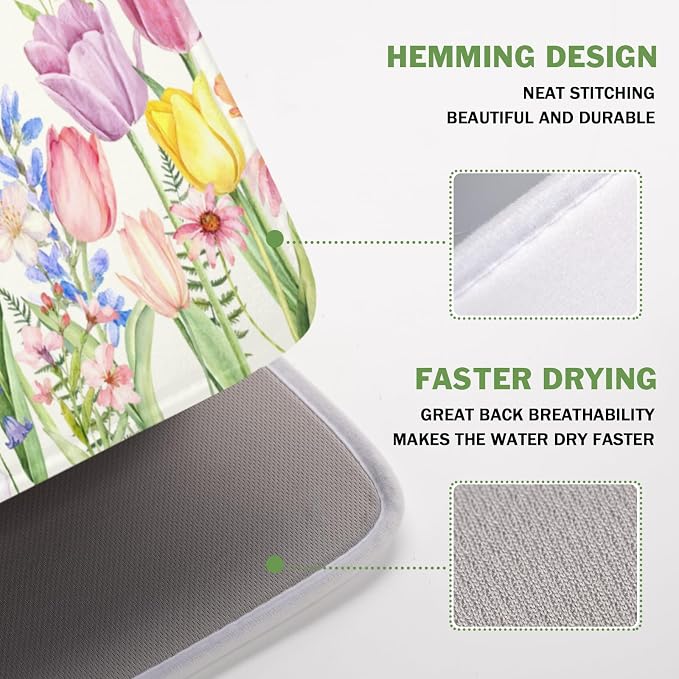 Spring Floral Dish Drying Mat for Kitchen Counter Easter Tulip Lavender Flower - Image 4