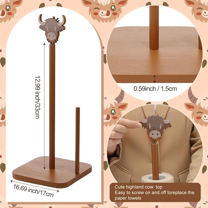Leinuosen Brown Paper Towel Holder Cute Highland Cow Wooden Paper Towel Holder - Image 2