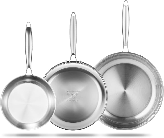 SuperCook 3-Piece Tri Ply Stainless Steel Frying Pan Set, Stainless Skillet Pan by SuperCook