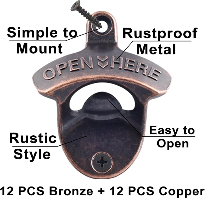 24 PCS Beer Opener Wall Mounted Bulk, Antique Copper Bronze Wall Bottle Opener - Image 2