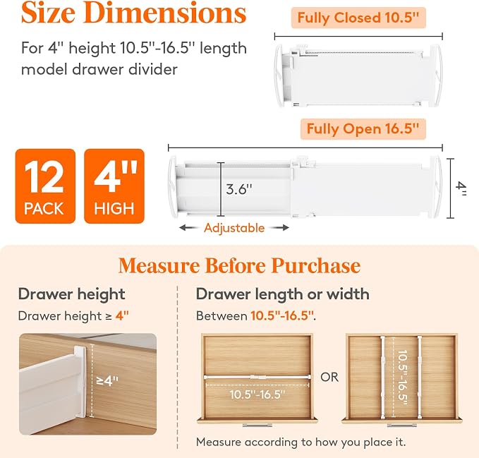 Lifewit 4" Tall 12 Pack Drawer Dividers, 27-42cm/10.5-16.5" Expandable Drawer - Image 2