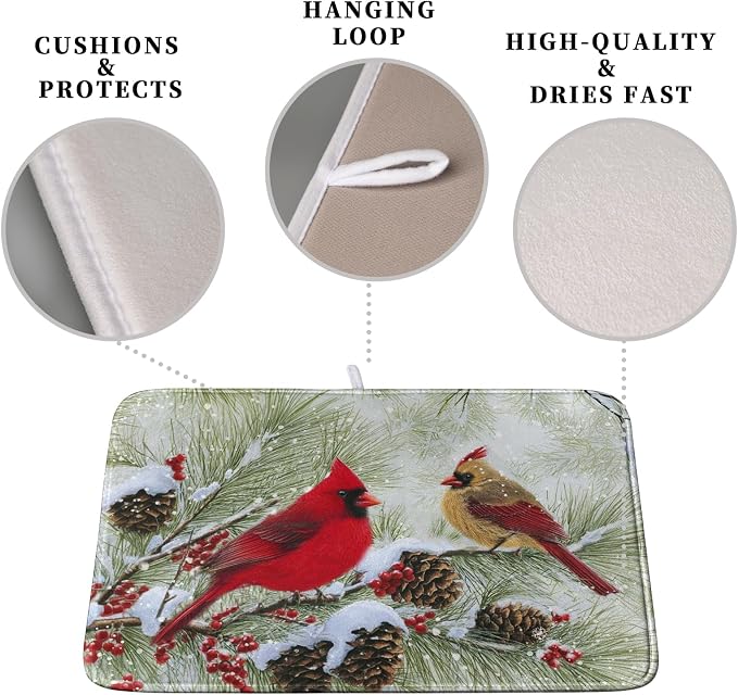 Winter Dish Drying Mat for Kitchen Counter 18x24 Inch Christmas Red Birds - Image 3