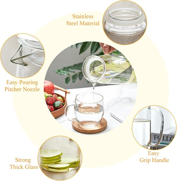 Hsei 2 Sets Glass Pitcher with Lid, 67.6 oz / 2000 ml Water Carafe with Handles - Image 4