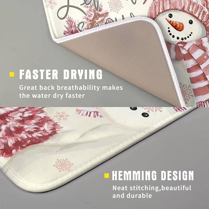 Giwawa Pink Snowman Dish Drying Mat Xmas Trees Bird Winter Snowy Scene Dish - Image 3