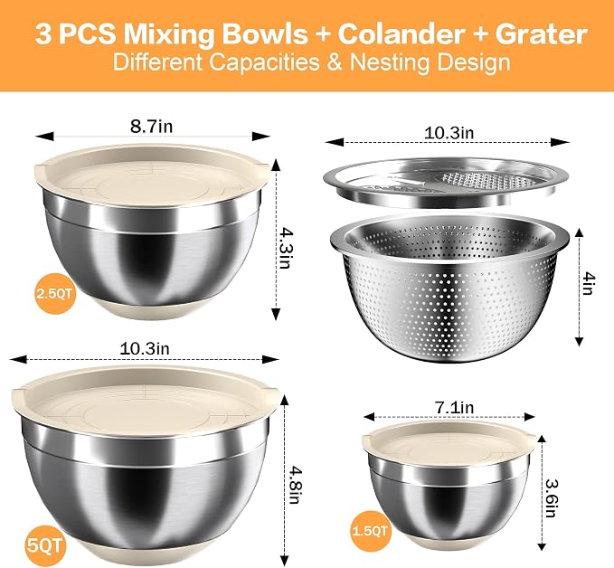 Nicdiet Mixing Bowls with Airtight Lids, Stainless Steel Mixing Bowl Set with 3 - Image 7