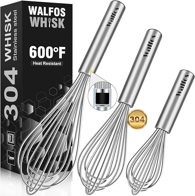 Walfos Whisk, 304 Stainless Steel whisk, No-Rust 7+9+11inch Whisks by Walfos