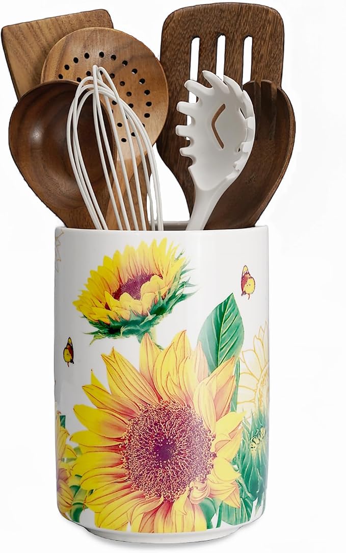 Sunddo Sunflower Utensil Holder, 6.7" Large Utensil Crock, Ceramic Cooking by Sunddo