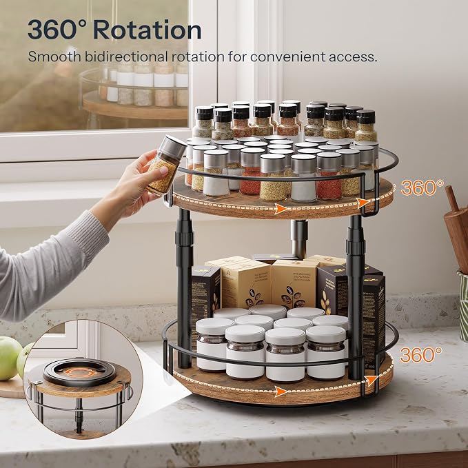 HOOBRO Lazy Susan Organizer Spice Rack, 2-Tier Height Adjustable Rotating Spice - Image 2