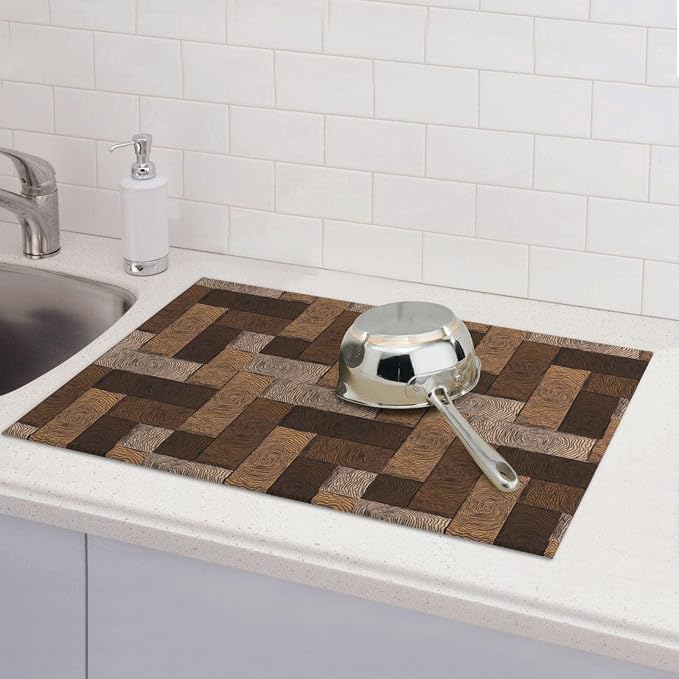 Brown Beige Dish Drying Mat Parquet Pattern Wooden Style Drying Rack Pad - Image 6