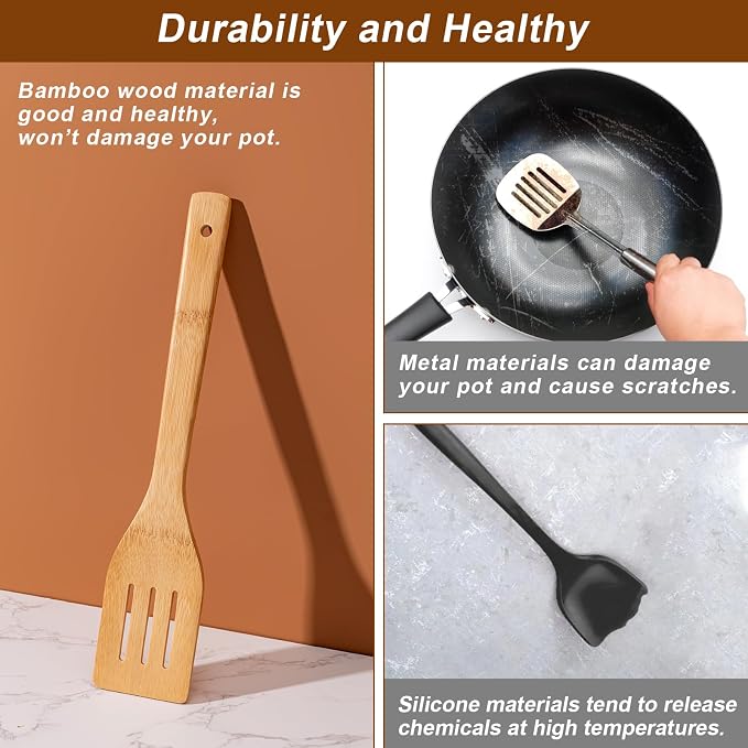 Eisinly Wooden Spoons for Cooking 7-Piece, Kitchen Nonstick Bamboo Cooking - Image 6