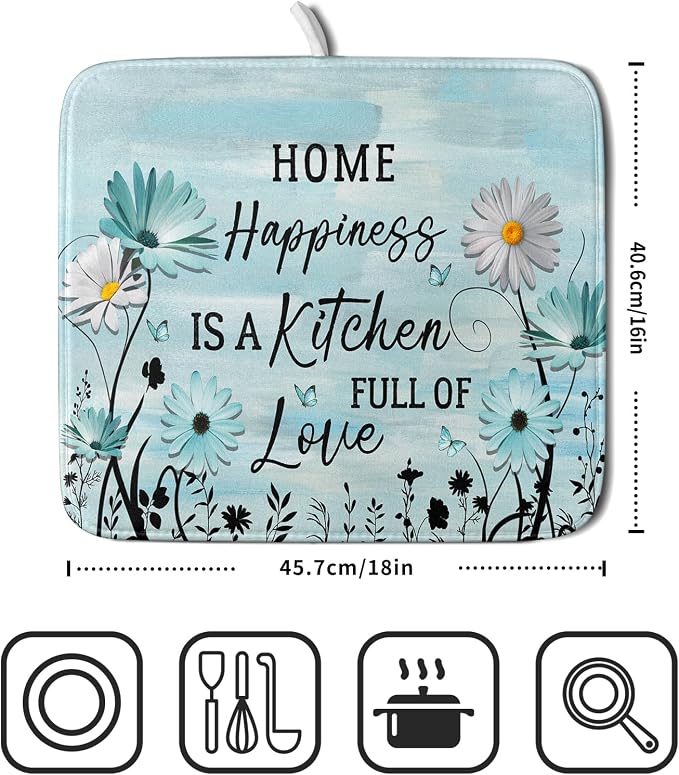 Blue Daisy Dish Drying Mat 16x18 Inch Love Kitchen Absorbent Microfiber - Image 2