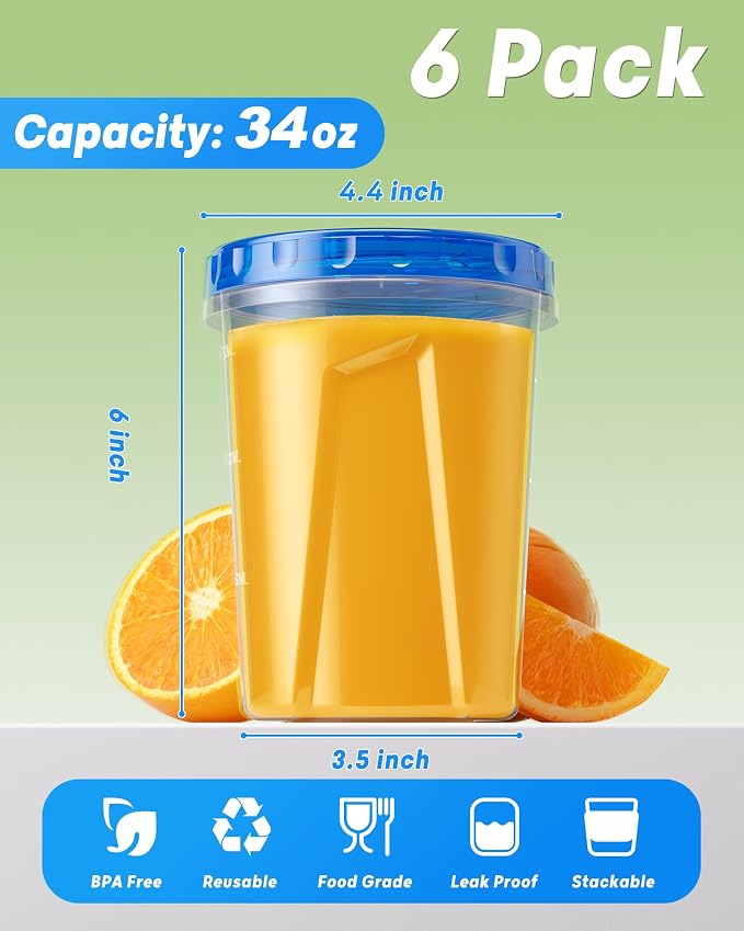 BiuLeon 6 Pack-34oz Freezer Storage Containers, Plastic Food Storage Containers - Image 2