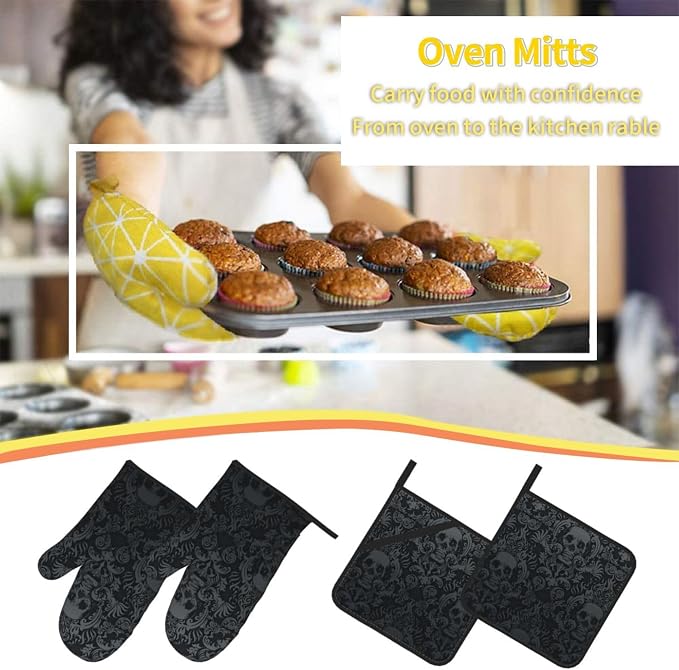Victorian Gothic Black Skull Damask Oven Mitts and Pot Holders Sets of 4 - Image 6