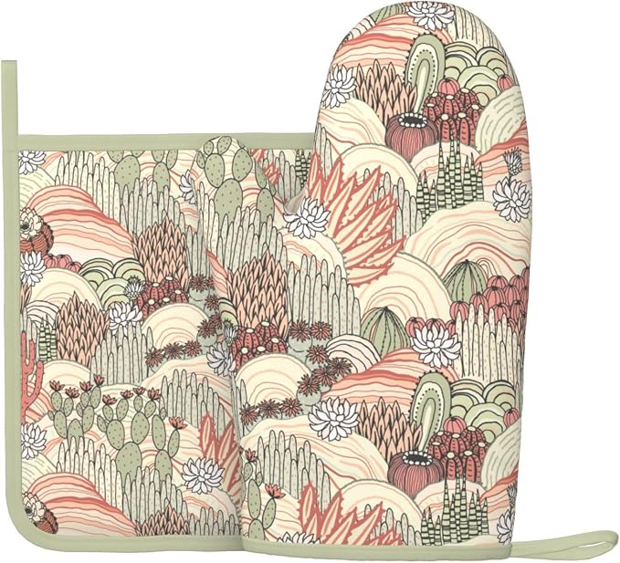Cactus Succulent Silicone Oven Mitts Pan Mats Set of 2, Heat Resistant Gloves by Cayiibe