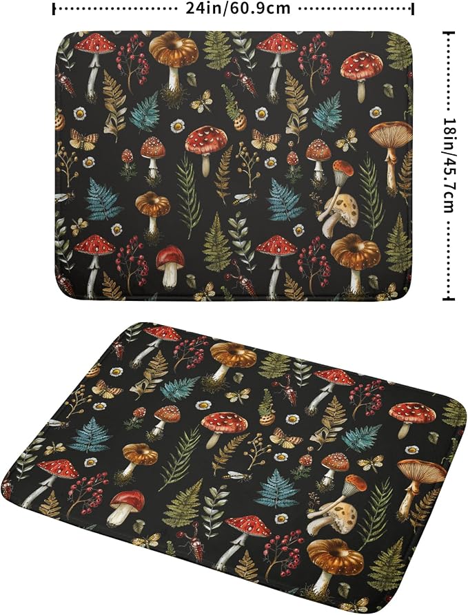 Natural Botanical Dish Drying Mat Mushroom Fern Leaves Berry Drainer Mat Black - Image 2