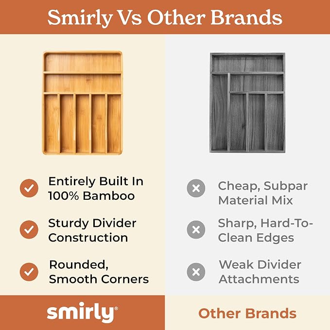 SMIRLY Silverware Drawer Organizer – Bamboo Kitchen Drawer Organizer, - Image 7